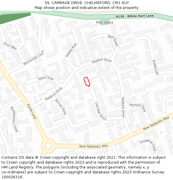 59, CARRIAGE DRIVE, CHELMSFORD, CM1 6UY: Location map and indicative extent of plot