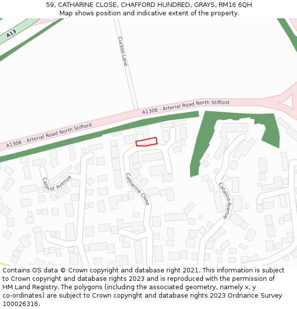 59, CATHARINE CLOSE, CHAFFORD HUNDRED, GRAYS, RM16 6QH: Location map and indicative extent of plot