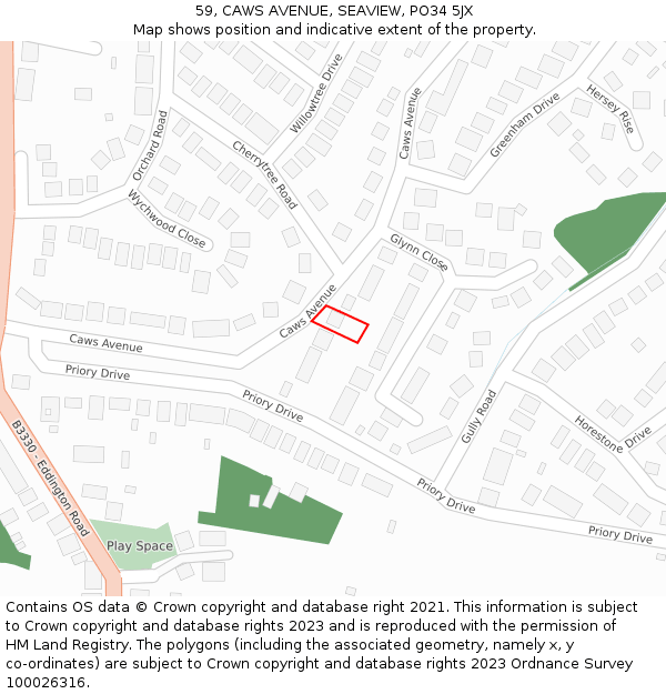 59, CAWS AVENUE, SEAVIEW, PO34 5JX: Location map and indicative extent of plot