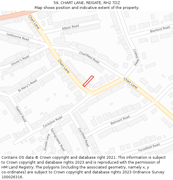 59, CHART LANE, REIGATE, RH2 7DZ: Location map and indicative extent of plot