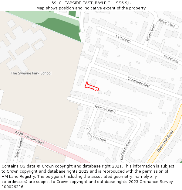 59, CHEAPSIDE EAST, RAYLEIGH, SS6 9JU: Location map and indicative extent of plot