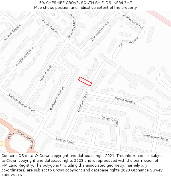 59, CHESHIRE GROVE, SOUTH SHIELDS, NE34 7HZ: Location map and indicative extent of plot