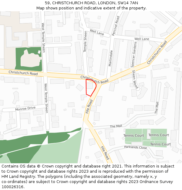 59, CHRISTCHURCH ROAD, LONDON, SW14 7AN: Location map and indicative extent of plot