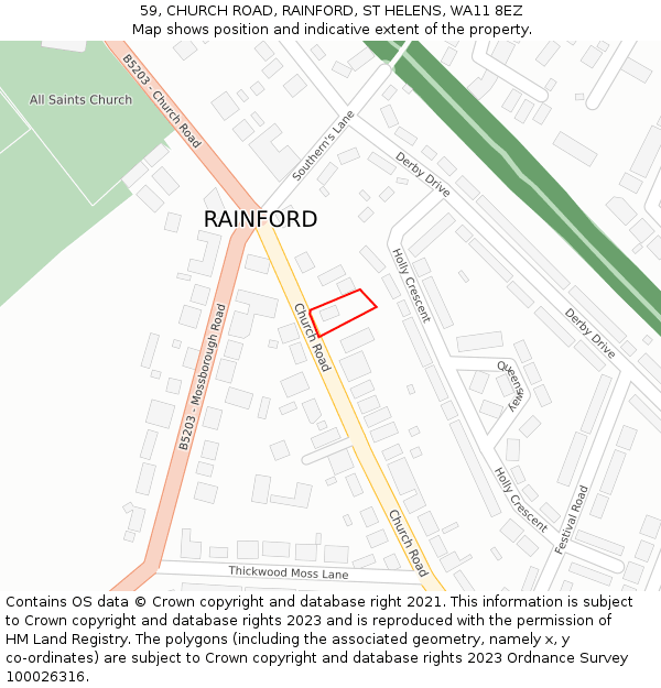 59, CHURCH ROAD, RAINFORD, ST HELENS, WA11 8EZ: Location map and indicative extent of plot