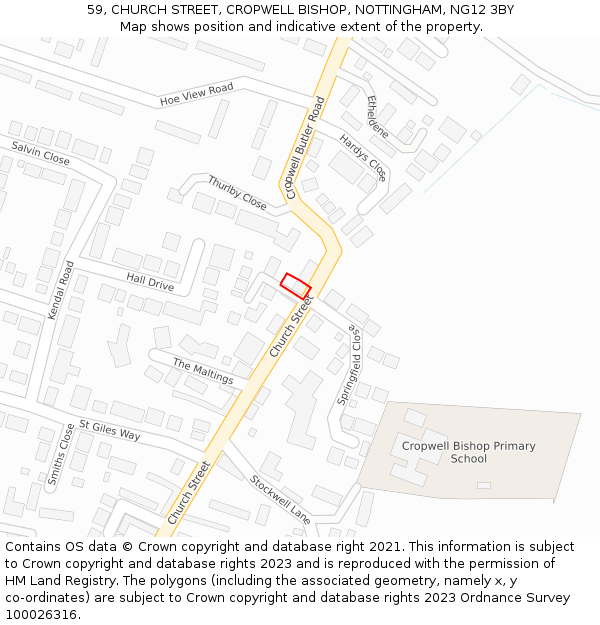 59, CHURCH STREET, CROPWELL BISHOP, NOTTINGHAM, NG12 3BY: Location map and indicative extent of plot