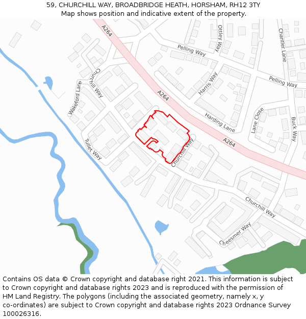 59, CHURCHILL WAY, BROADBRIDGE HEATH, HORSHAM, RH12 3TY: Location map and indicative extent of plot