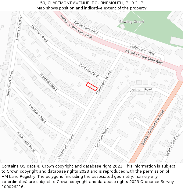 59, CLAREMONT AVENUE, BOURNEMOUTH, BH9 3HB: Location map and indicative extent of plot