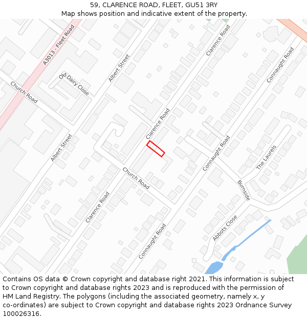 59, CLARENCE ROAD, FLEET, GU51 3RY: Location map and indicative extent of plot