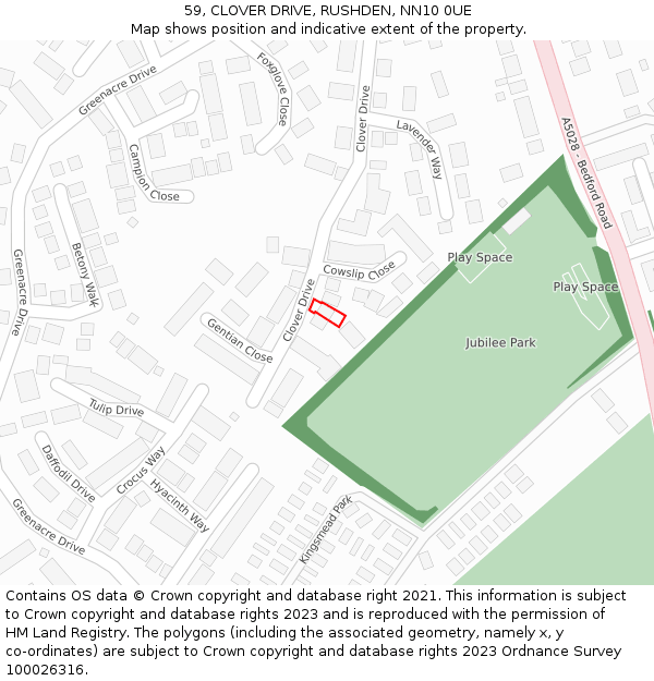 59, CLOVER DRIVE, RUSHDEN, NN10 0UE: Location map and indicative extent of plot