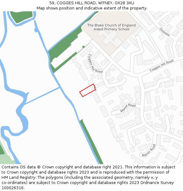 59, COGGES HILL ROAD, WITNEY, OX28 3XU: Location map and indicative extent of plot