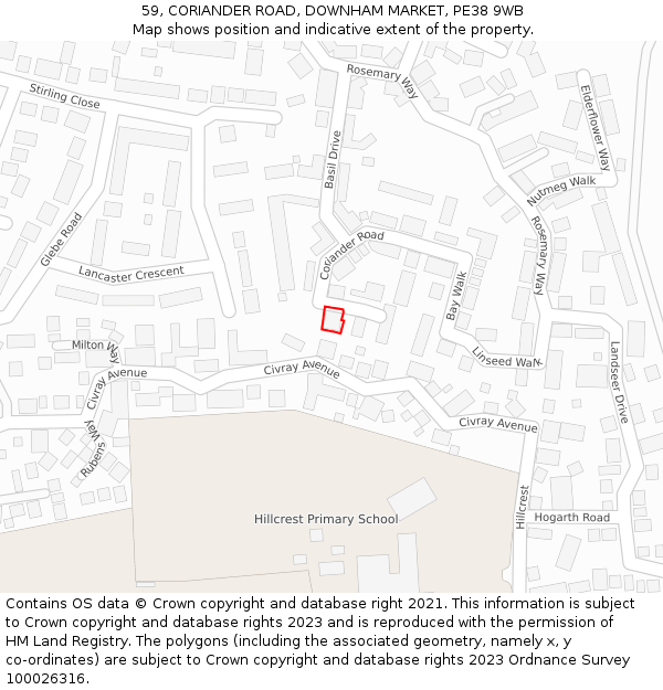 59, CORIANDER ROAD, DOWNHAM MARKET, PE38 9WB: Location map and indicative extent of plot