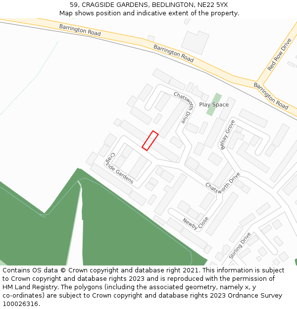 59, CRAGSIDE GARDENS, BEDLINGTON, NE22 5YX: Location map and indicative extent of plot