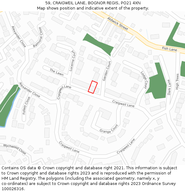 59, CRAIGWEIL LANE, BOGNOR REGIS, PO21 4XN: Location map and indicative extent of plot