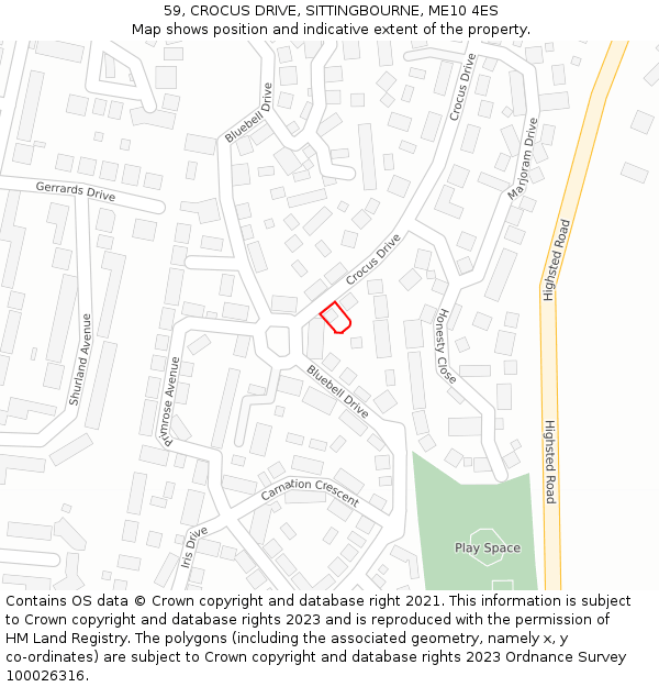 59, CROCUS DRIVE, SITTINGBOURNE, ME10 4ES: Location map and indicative extent of plot