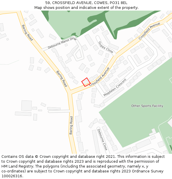 59, CROSSFIELD AVENUE, COWES, PO31 8EL: Location map and indicative extent of plot