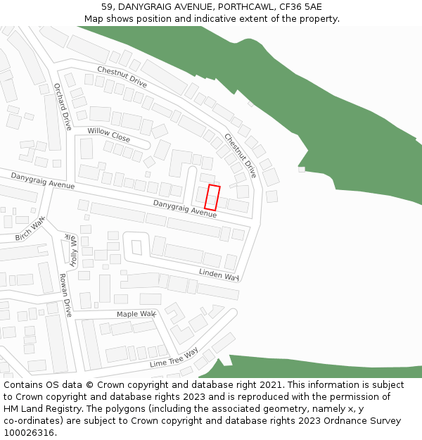 59, DANYGRAIG AVENUE, PORTHCAWL, CF36 5AE: Location map and indicative extent of plot