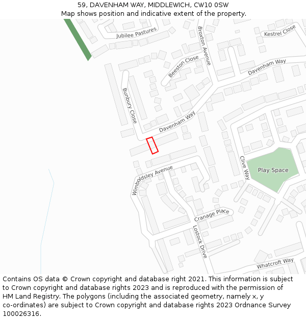 59, DAVENHAM WAY, MIDDLEWICH, CW10 0SW: Location map and indicative extent of plot