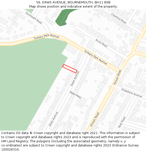 59, DAWS AVENUE, BOURNEMOUTH, BH11 8SB: Location map and indicative extent of plot