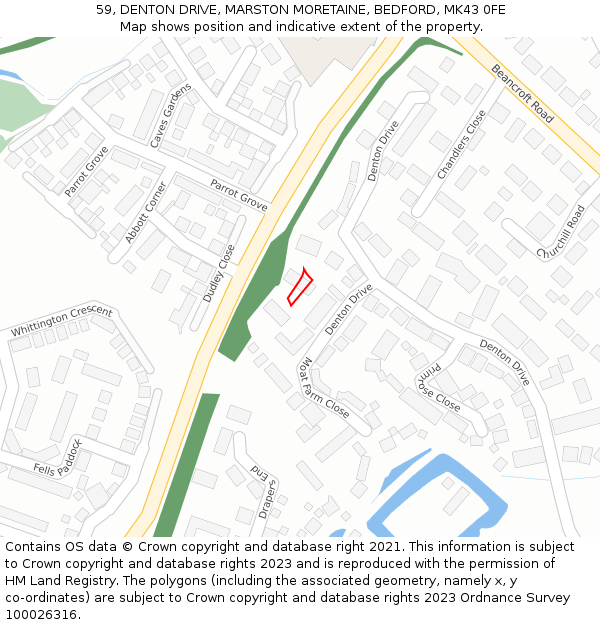 59, DENTON DRIVE, MARSTON MORETAINE, BEDFORD, MK43 0FE: Location map and indicative extent of plot