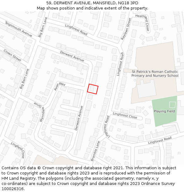 59, DERWENT AVENUE, MANSFIELD, NG18 3PD: Location map and indicative extent of plot