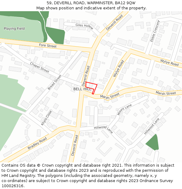 59, DEVERILL ROAD, WARMINSTER, BA12 9QW: Location map and indicative extent of plot