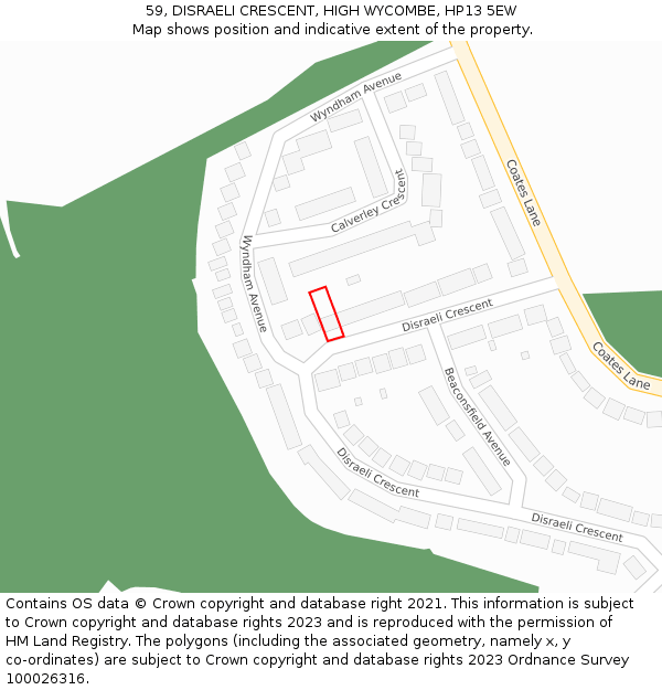 59, DISRAELI CRESCENT, HIGH WYCOMBE, HP13 5EW: Location map and indicative extent of plot