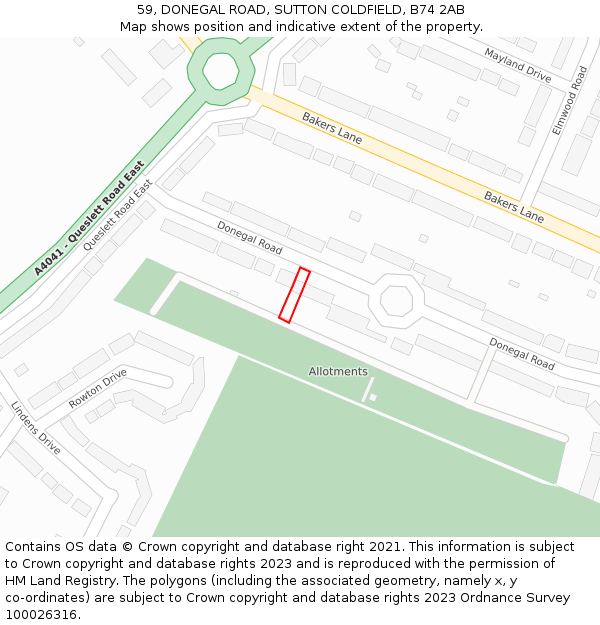 59, DONEGAL ROAD, SUTTON COLDFIELD, B74 2AB: Location map and indicative extent of plot