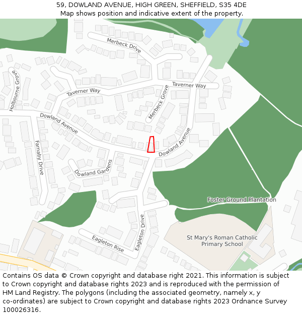 59, DOWLAND AVENUE, HIGH GREEN, SHEFFIELD, S35 4DE: Location map and indicative extent of plot