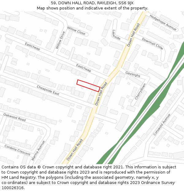 59, DOWN HALL ROAD, RAYLEIGH, SS6 9JX: Location map and indicative extent of plot