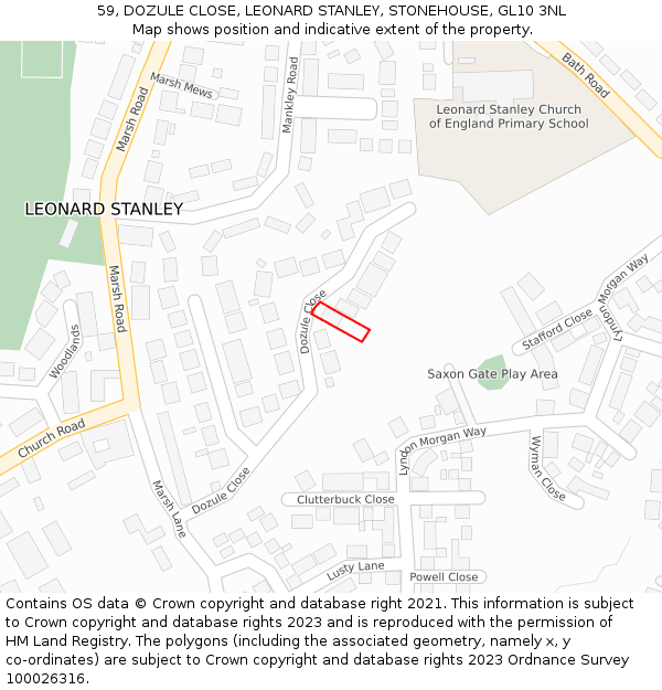 59, DOZULE CLOSE, LEONARD STANLEY, STONEHOUSE, GL10 3NL: Location map and indicative extent of plot