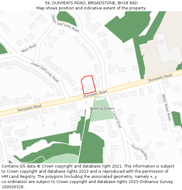 59, DUNYEATS ROAD, BROADSTONE, BH18 8AD: Location map and indicative extent of plot