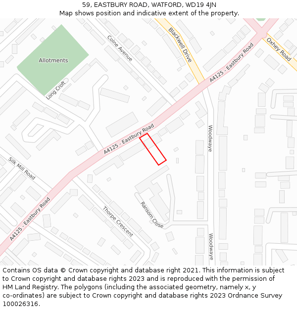 59, EASTBURY ROAD, WATFORD, WD19 4JN: Location map and indicative extent of plot