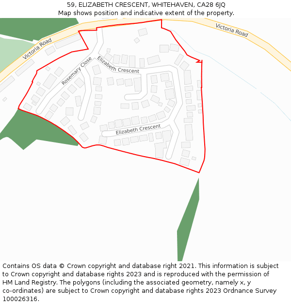 59, ELIZABETH CRESCENT, WHITEHAVEN, CA28 6JQ: Location map and indicative extent of plot