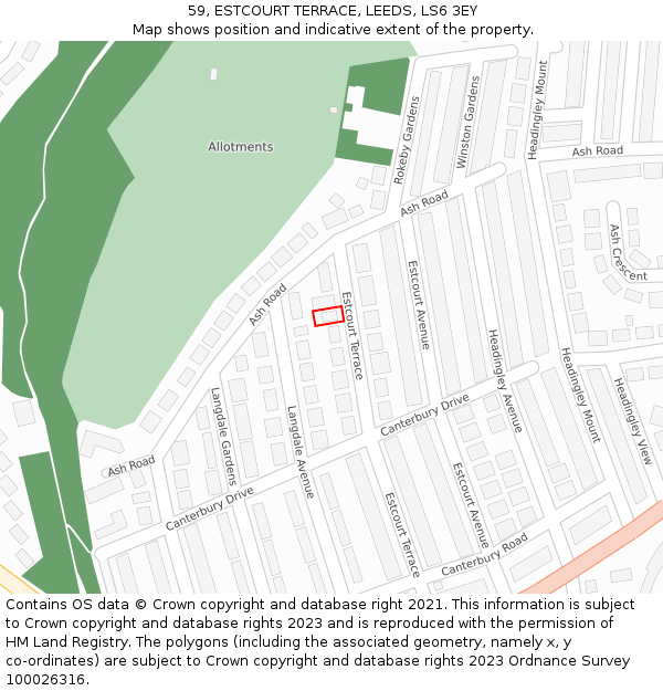 59, ESTCOURT TERRACE, LEEDS, LS6 3EY: Location map and indicative extent of plot