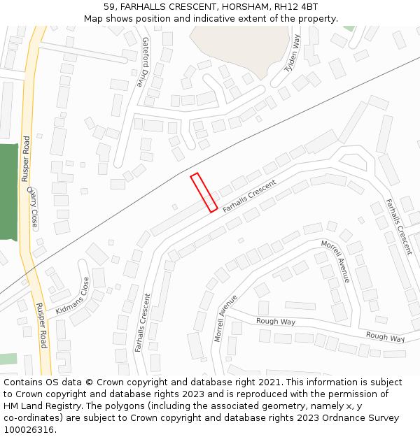 59, FARHALLS CRESCENT, HORSHAM, RH12 4BT: Location map and indicative extent of plot