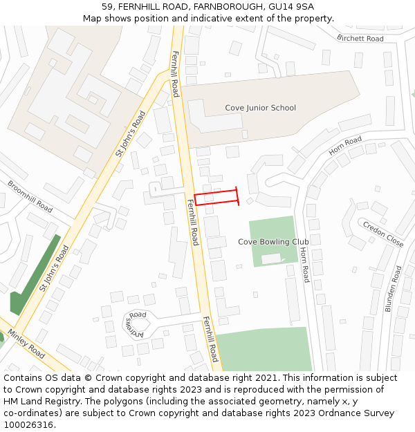 59, FERNHILL ROAD, FARNBOROUGH, GU14 9SA: Location map and indicative extent of plot