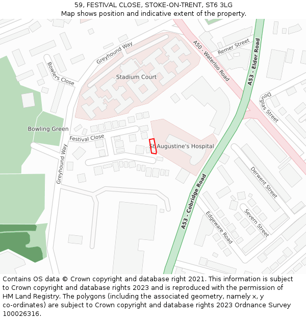 59, FESTIVAL CLOSE, STOKE-ON-TRENT, ST6 3LG: Location map and indicative extent of plot