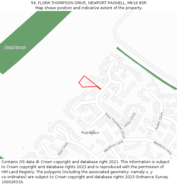 59, FLORA THOMPSON DRIVE, NEWPORT PAGNELL, MK16 8SR: Location map and indicative extent of plot