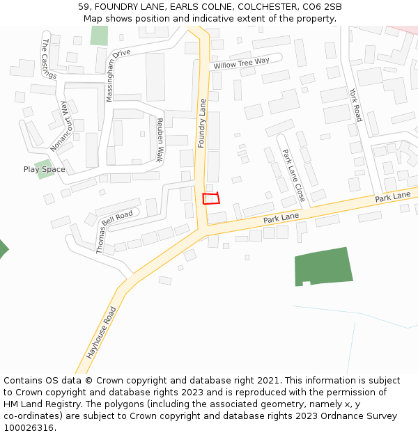 59, FOUNDRY LANE, EARLS COLNE, COLCHESTER, CO6 2SB: Location map and indicative extent of plot