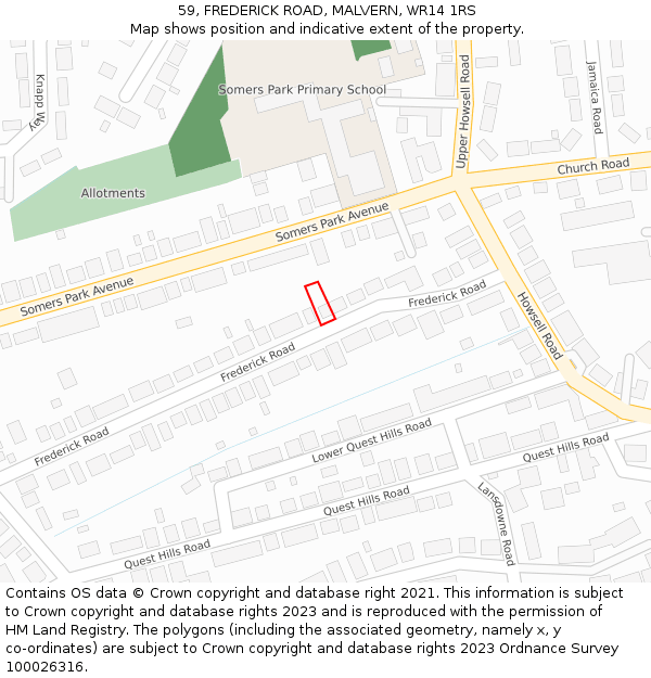 59, FREDERICK ROAD, MALVERN, WR14 1RS: Location map and indicative extent of plot