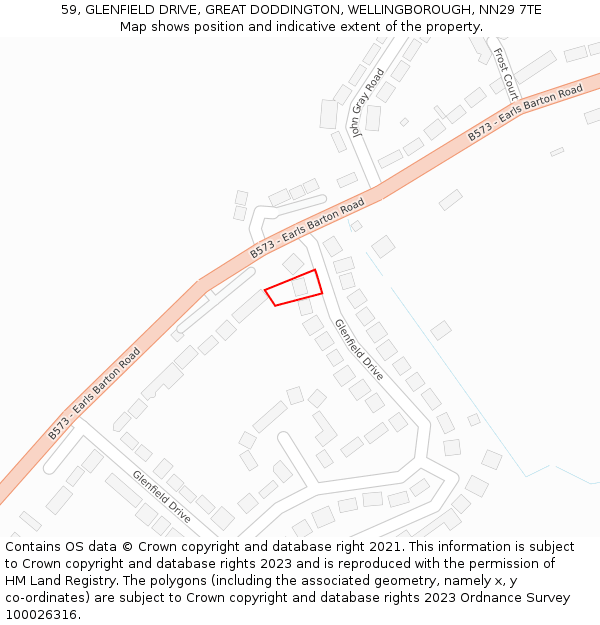 59, GLENFIELD DRIVE, GREAT DODDINGTON, WELLINGBOROUGH, NN29 7TE: Location map and indicative extent of plot