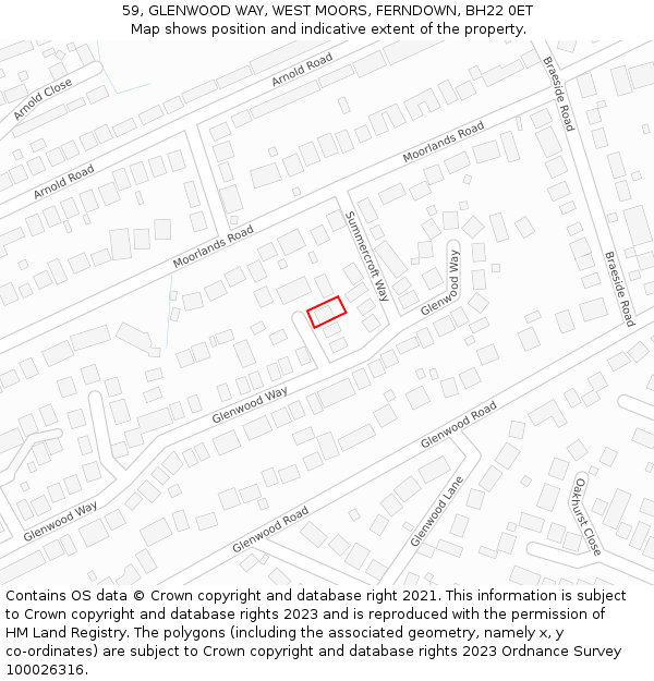 59, GLENWOOD WAY, WEST MOORS, FERNDOWN, BH22 0ET: Location map and indicative extent of plot