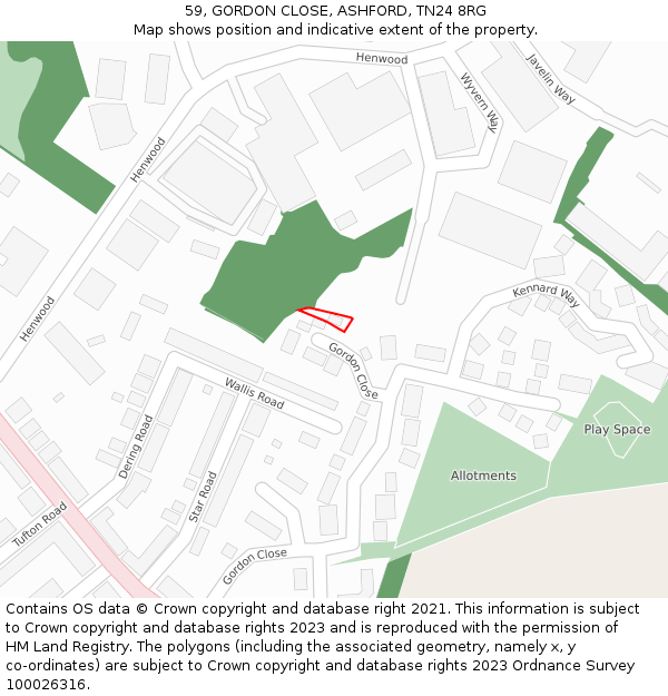 59, GORDON CLOSE, ASHFORD, TN24 8RG: Location map and indicative extent of plot