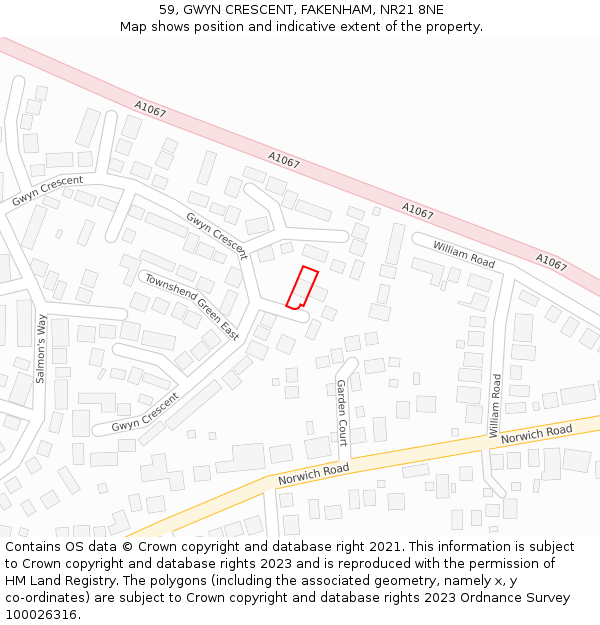 59, GWYN CRESCENT, FAKENHAM, NR21 8NE: Location map and indicative extent of plot