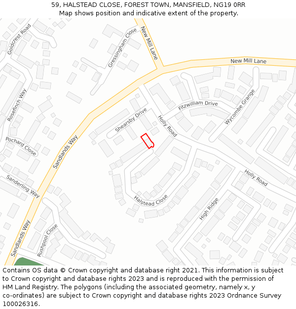 59, HALSTEAD CLOSE, FOREST TOWN, MANSFIELD, NG19 0RR: Location map and indicative extent of plot