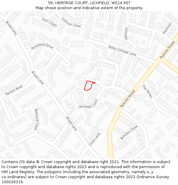 59, HERITAGE COURT, LICHFIELD, WS14 9ST: Location map and indicative extent of plot