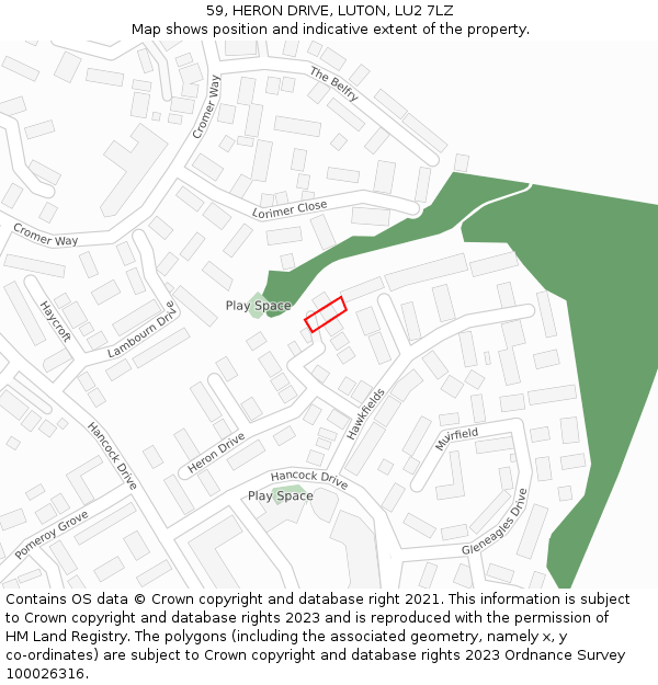 59, HERON DRIVE, LUTON, LU2 7LZ: Location map and indicative extent of plot