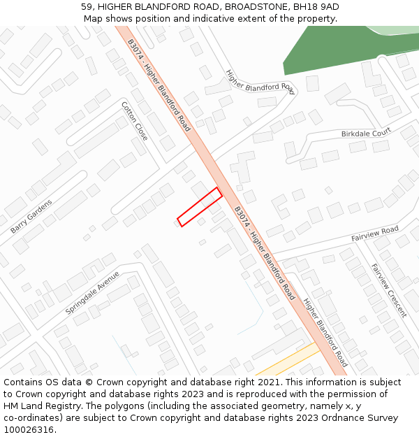 59, HIGHER BLANDFORD ROAD, BROADSTONE, BH18 9AD: Location map and indicative extent of plot