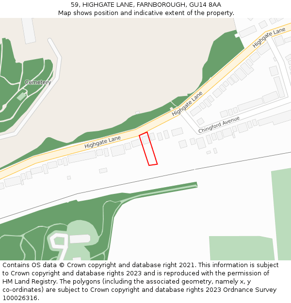 59, HIGHGATE LANE, FARNBOROUGH, GU14 8AA: Location map and indicative extent of plot