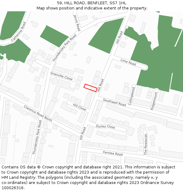 59, HILL ROAD, BENFLEET, SS7 1HL: Location map and indicative extent of plot